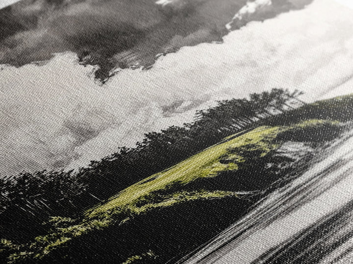 Coastal Cliffs, Black and White Landscape, Moody Sky Painting, Rustic Nature Wall Art, Office Decor, Framed Canvas Print