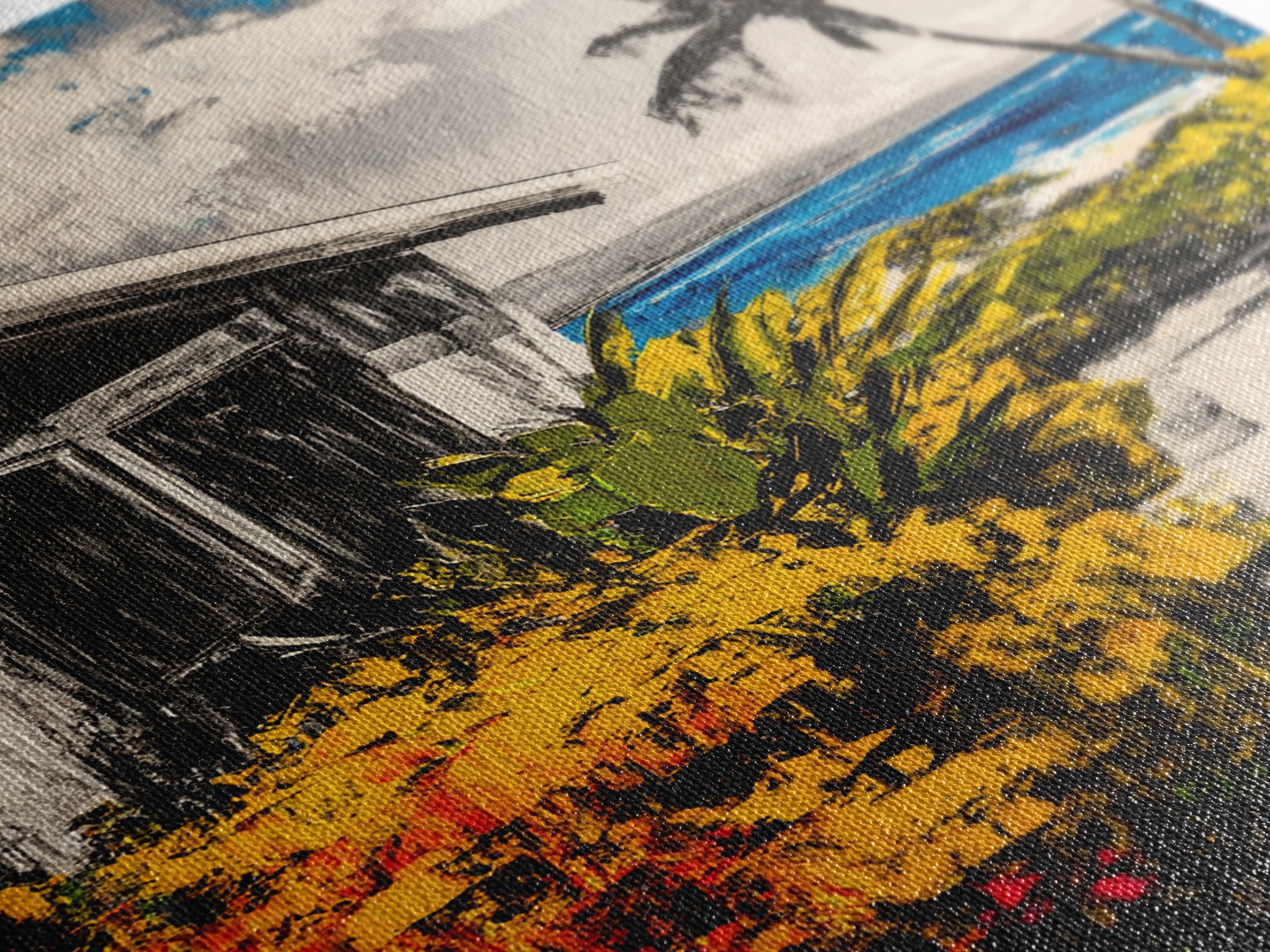 Beach House Path, Black White Coastal Art, Yellow Green Foliage, Tropical Landscape, Ocean Wall Decor, Beach Home, Framed Canvas Print