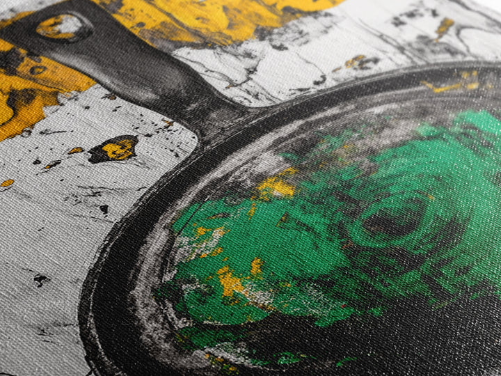 Abstract Frying Pan, Rustic Kitchen Art, Modern Industrial Wall Decor, Black Yellow Green Art, Unique Foodie Gift, Canvas Print
