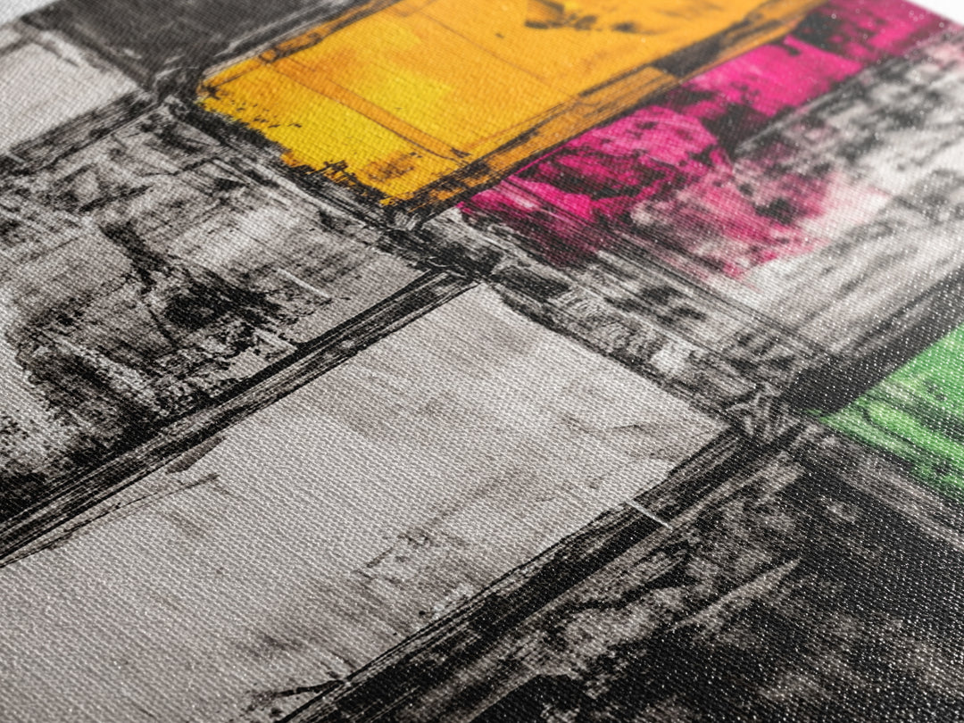 Abstract Modern Art, Black White Geometric, Yellow Red Green Blocks, Minimalist Wall Decor, Office Art, Mid Century Style, Canvas Print