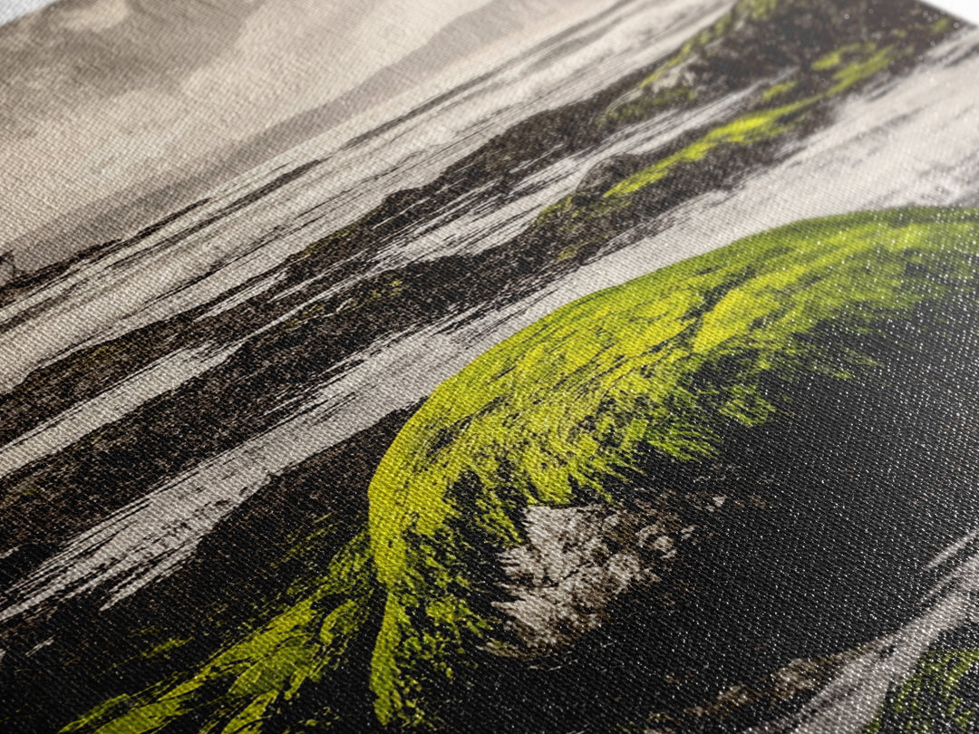 Coastal Rocks, Mossy Shore, Framed Canvas Print, Ocean Landscape, Beach House Wall Art, Nautical Decor, Green Nature, Relaxing Art