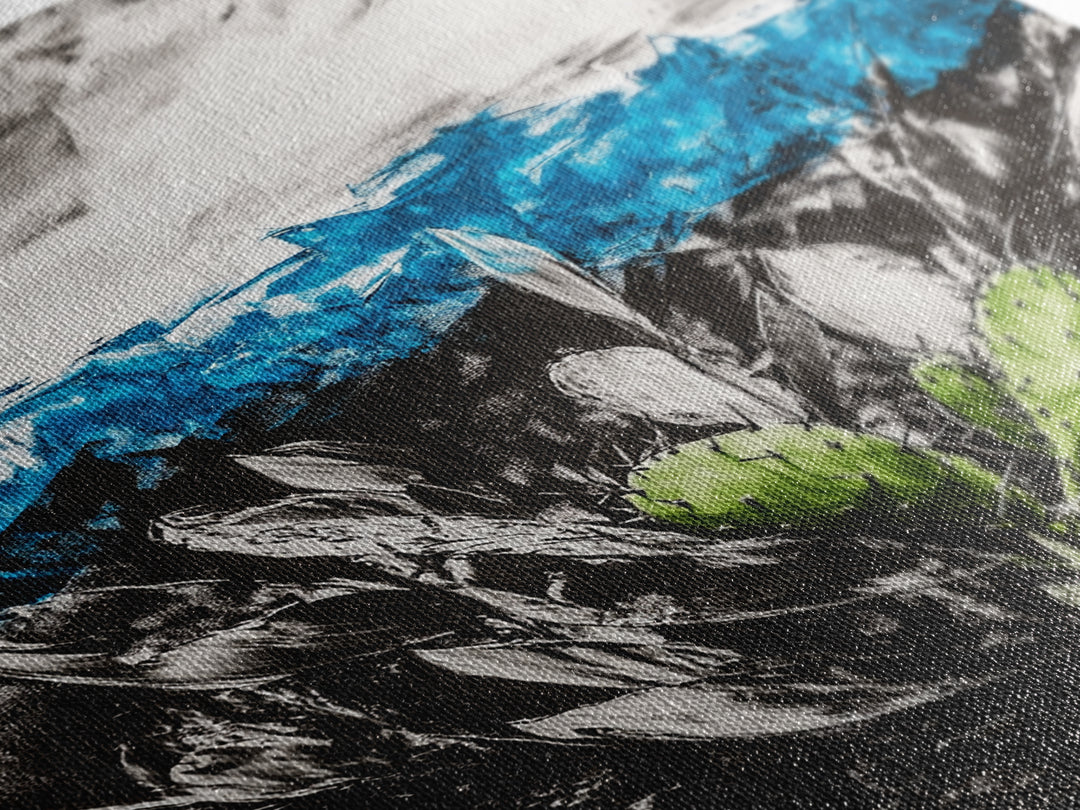 Desert Cactus Painting, Blue Sky Black White, Framed Canvas Print, Modern Southwest Art, Rustic Wall Decor, Minimalist Nature Art