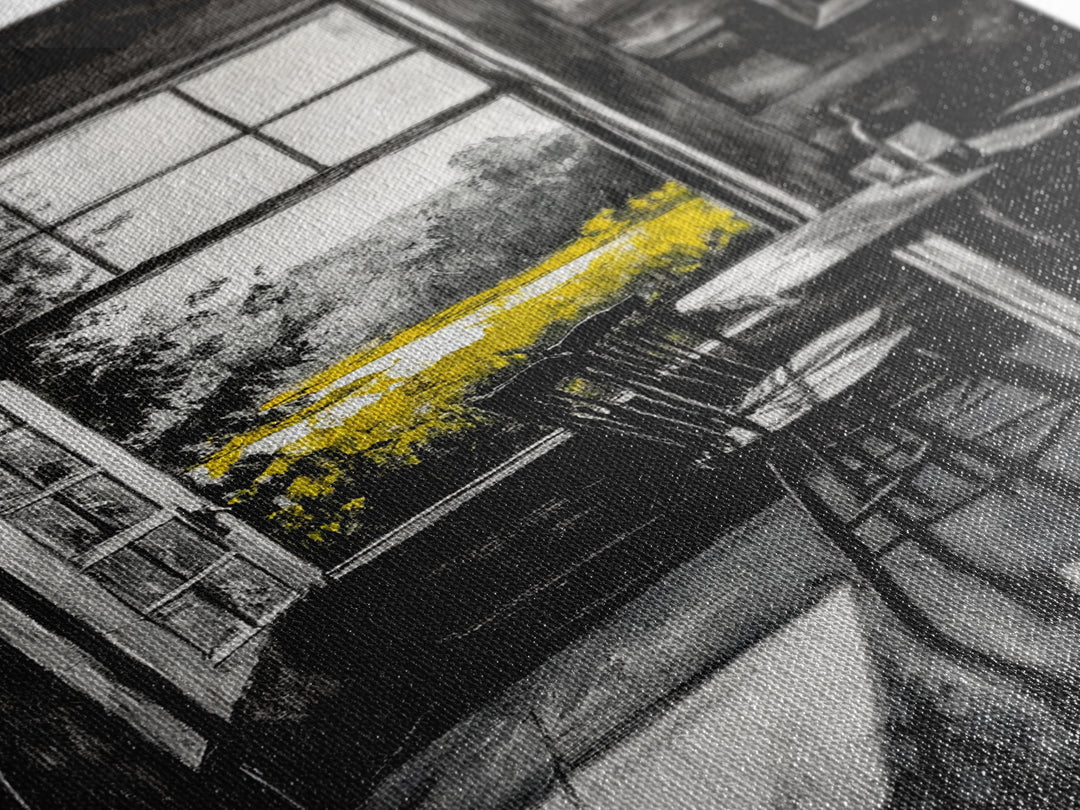 Rustic Cabin View, Black and White with Yellow Accents, Cozy Country Home Art, Framed Canvas Print, Living Room or Dining Room Decor