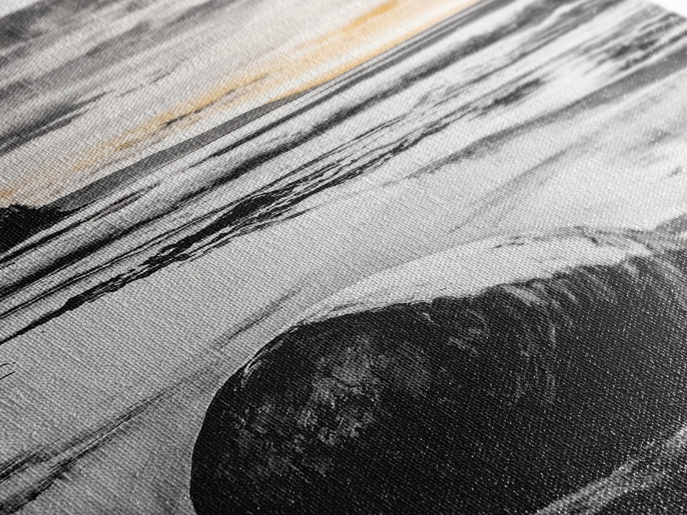 Rocky Beach, Sunset Landscape, Black White Gold, Framed Canvas Print, Coastal Wall Art, Nature Painting, Serene Home Decor