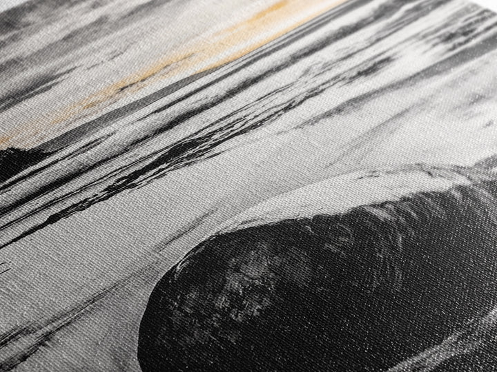 Rocky Beach, Sunset Landscape, Black White Gold, Framed Canvas Print, Coastal Wall Art, Nature Painting, Serene Home Decor