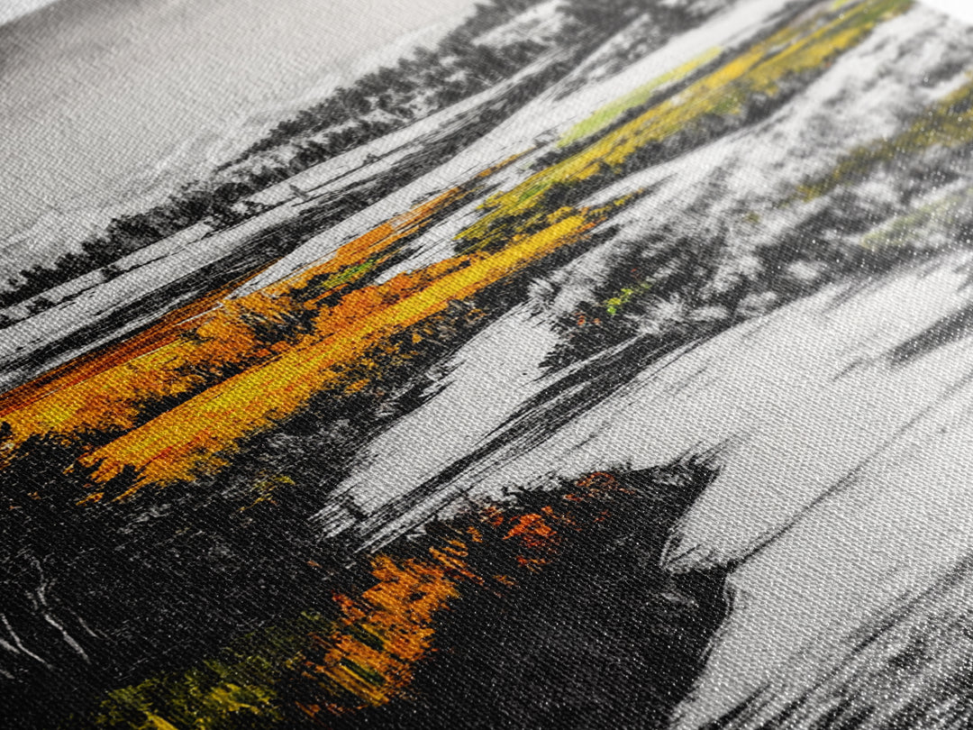 Autumn River, Fall Landscape, Black White Orange, Framed Canvas Print, Nature Wall Art, Cabin Decor, Rustic Home Painting