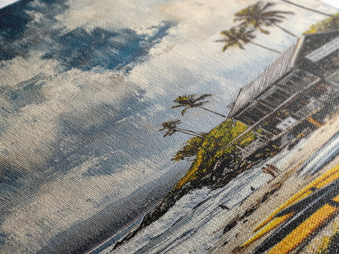 Beach Surf Shack, Tropical Art, Coastal Wall Decor, Nautical Framed Canvas Print, Surfing Gift, Ocean Sunset, Living Room Art