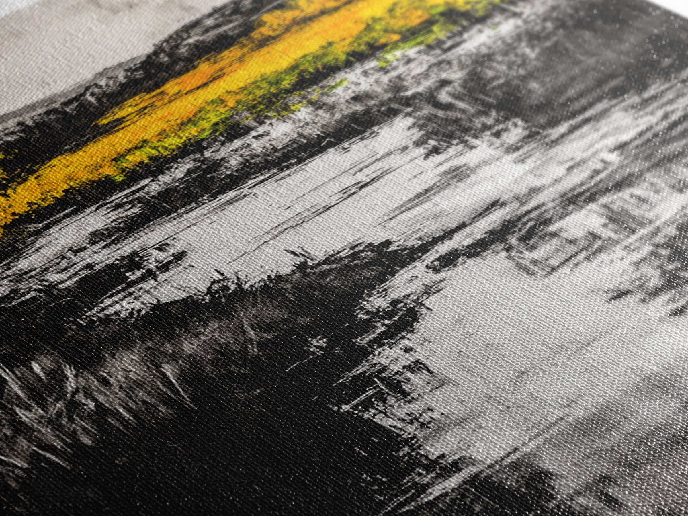 Black White Landscape, Yellow Trees, River Stream Art, Rustic Farmhouse Decor, Modern Nature Wall Art, Bedroom Wall Decor, Canvas Print