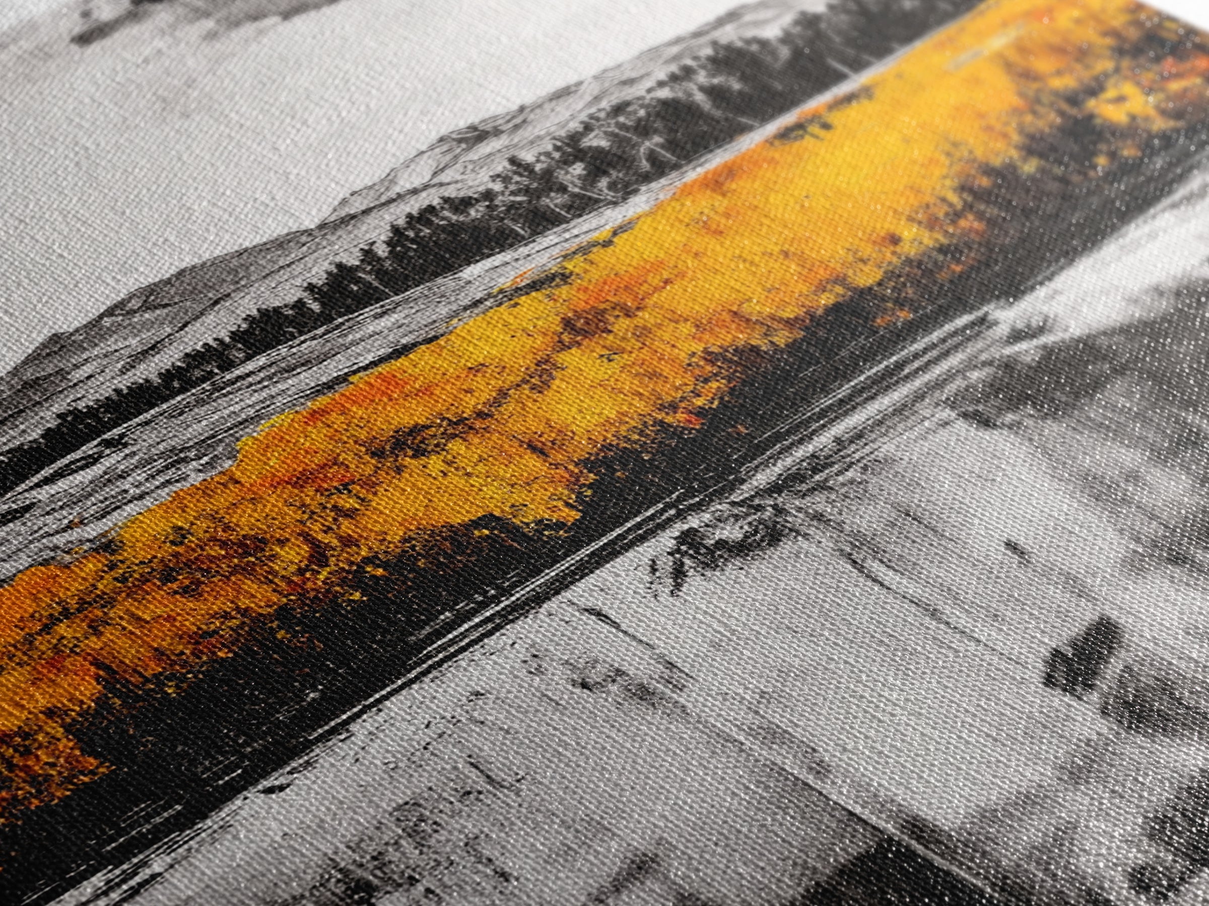 Autumn Mountain Scene, Yellow Trees Reflection, Black White Landscape, Rustic Cabin Art, Cozy Fall Wall Decor, Framed Canvas Print