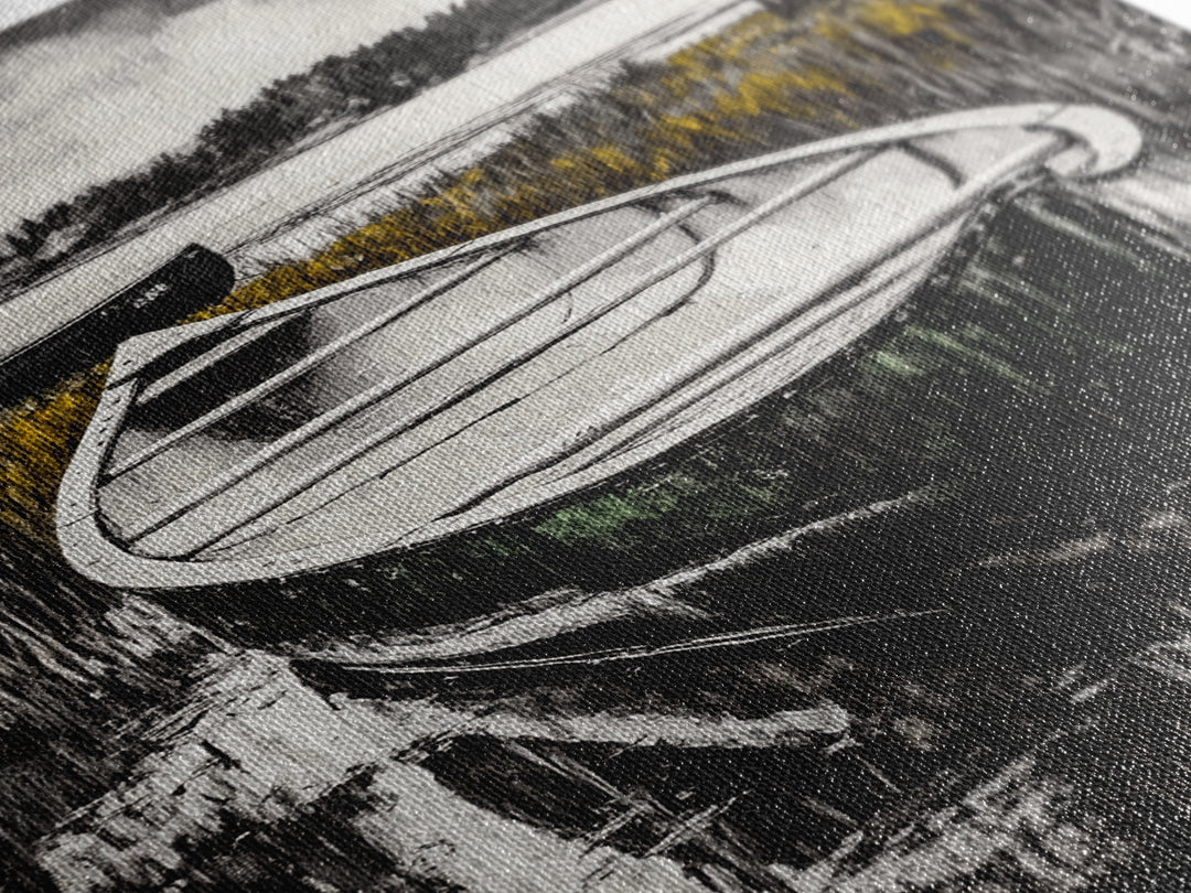 Canoe on Water, Lakeside Reflection, Framed Canvas Print, Nature Art, Cabin Wall Decor, Black and White Landscape, Serene Home Accent