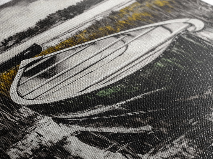 Canoe on Water, Lakeside Reflection, Framed Canvas Print, Nature Art, Cabin Wall Decor, Black and White Landscape, Serene Home Accent