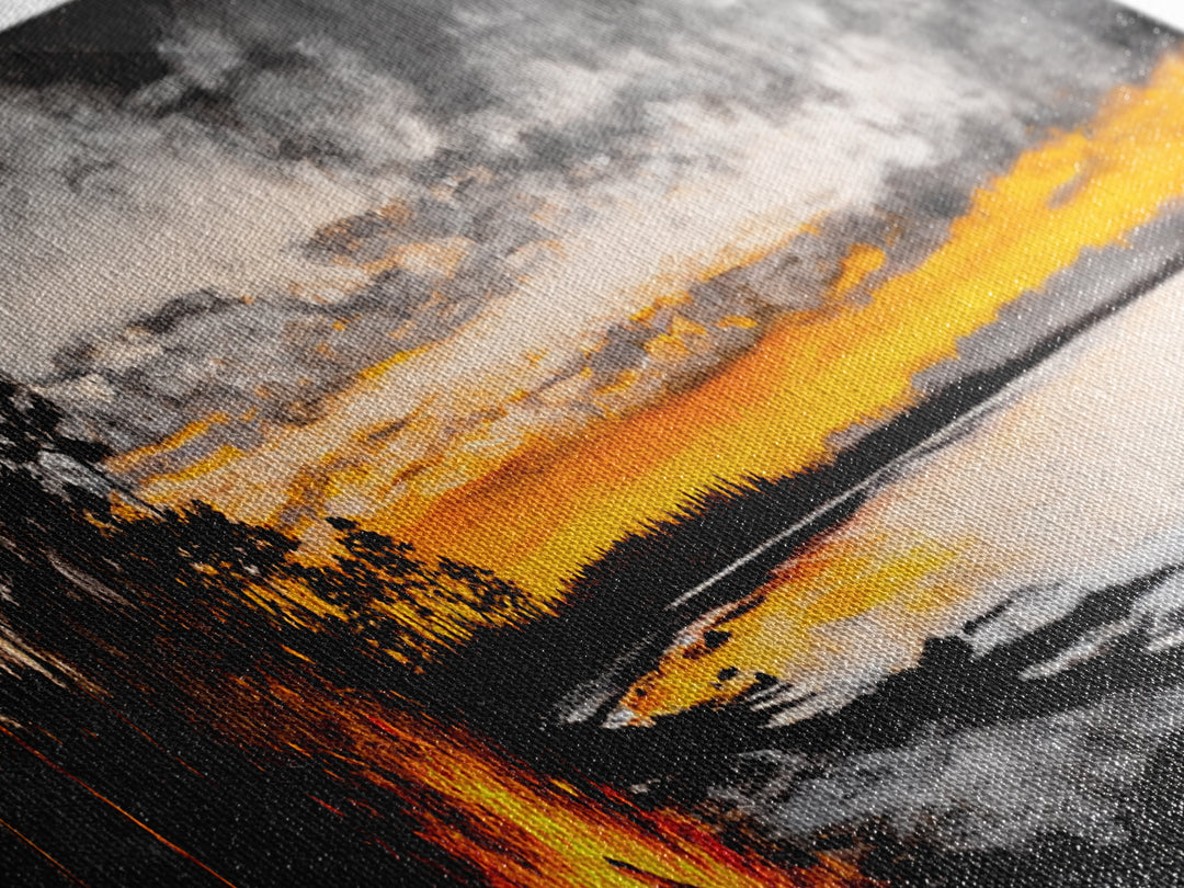 Campfire by Lake, Sunset Landscape Art, Cozy Rustic Print, Fall Wall Decor, Outdoor Adventure Canvas Print, Framed Canvas Print