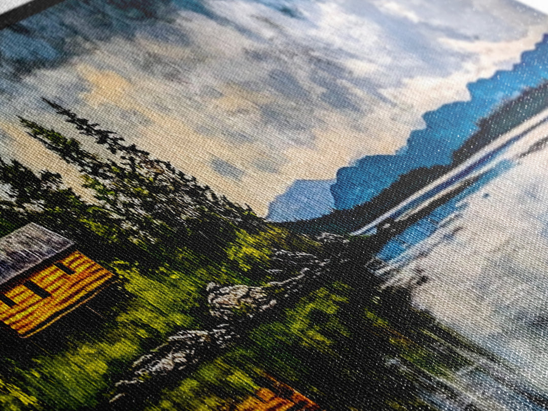 Cabin on the Lake, Peaceful Landscape, Nature Lover Art, Framed Canvas Print, Mountain View, Serene Wall Decor, Scenic Painting