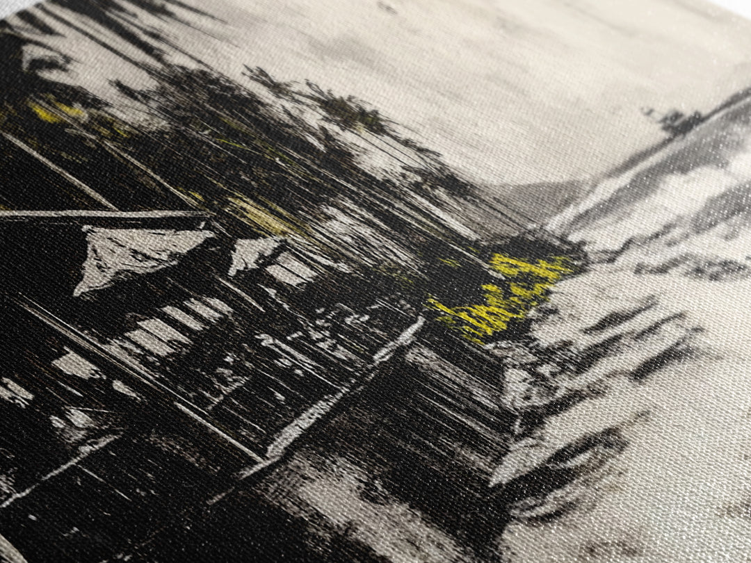 Beachside Restaurant, Ocean Waves, Coastal Cafe, Palm Trees, Framed Canvas Print, Tropical Wall Art, Living Room Art, Nautical Decor