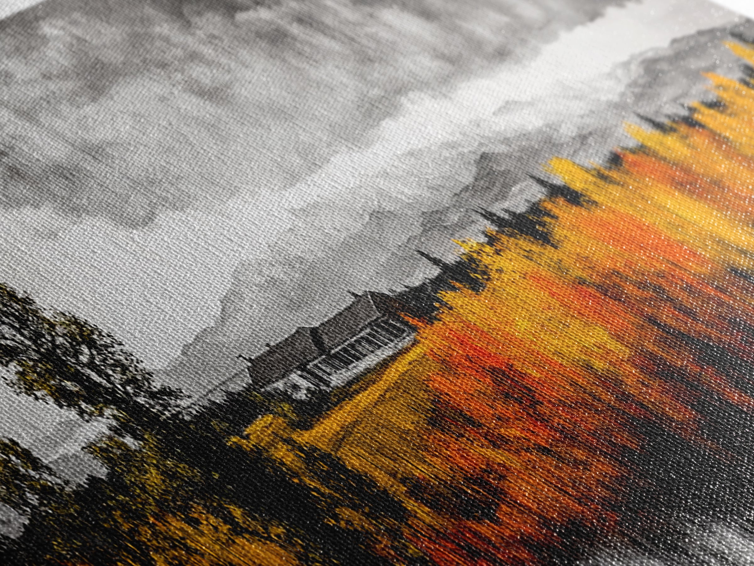 Autumn Landscape, Rustic Cabin Art, Mountain View, Fall Trees, Country Home, Black and White, Living Room Decor, Framed Canvas Print