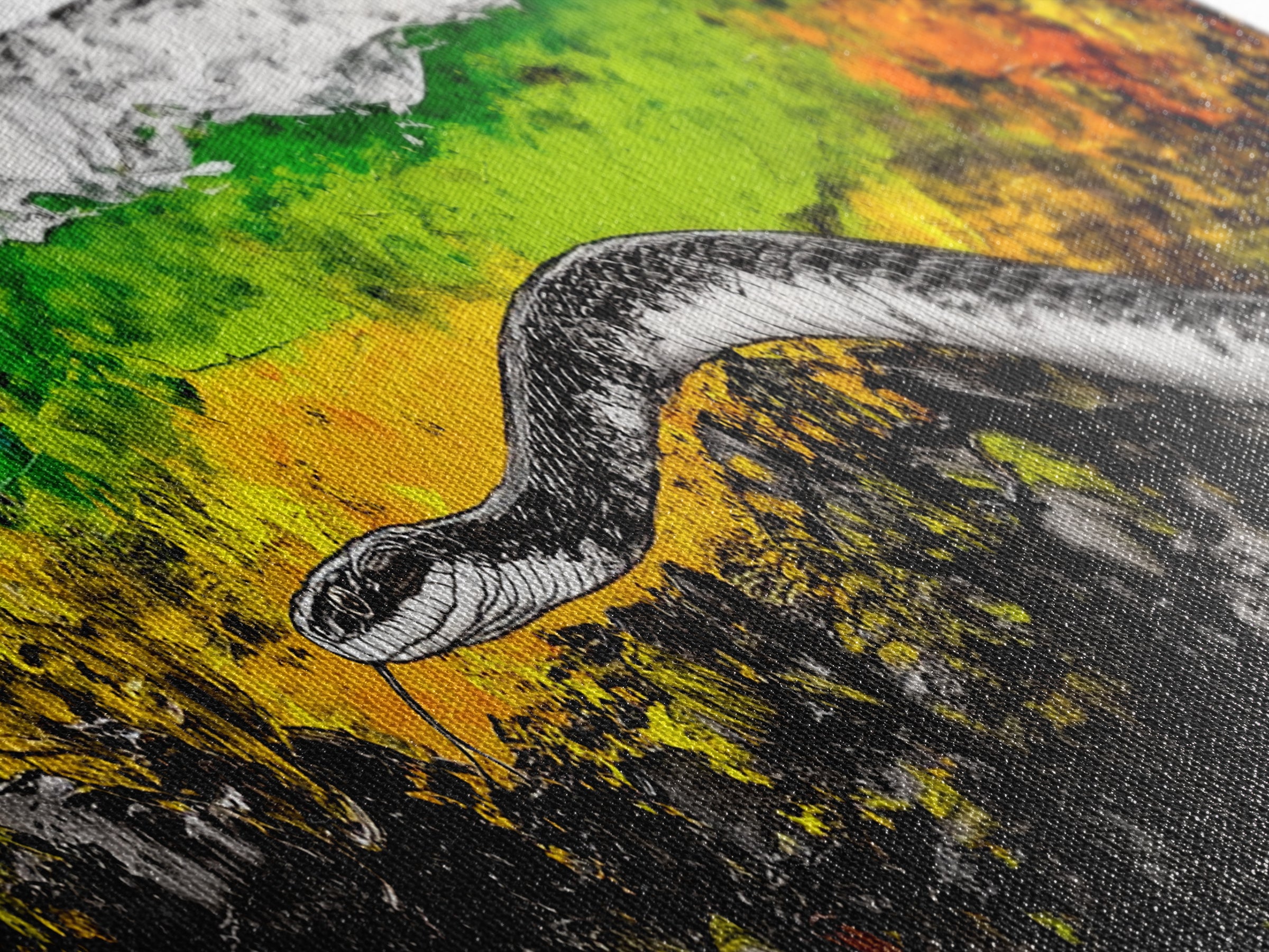 Abstract Snake, Vibrant Reptile Art, Jungle Theme, Wildlife Painting, Green and Yellow, Bold Nature Print, Framed Canvas Print