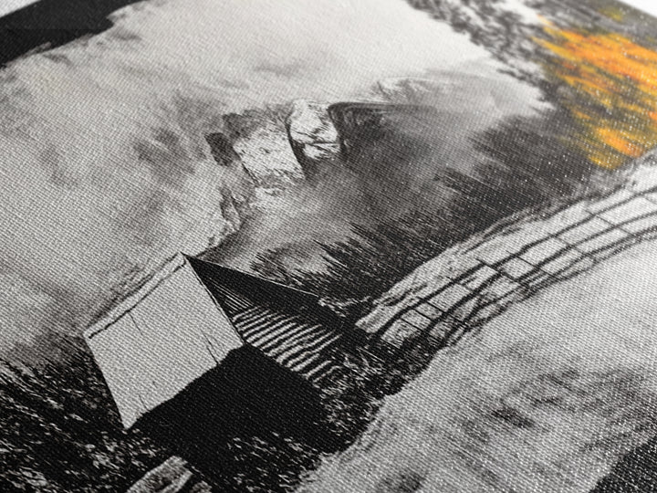 Cabin in Mountains, Rustic Winter Scene, Black and White Art, Fall Forest Accent, Cozy Lodge, Living Room Decor, Framed Canvas Print