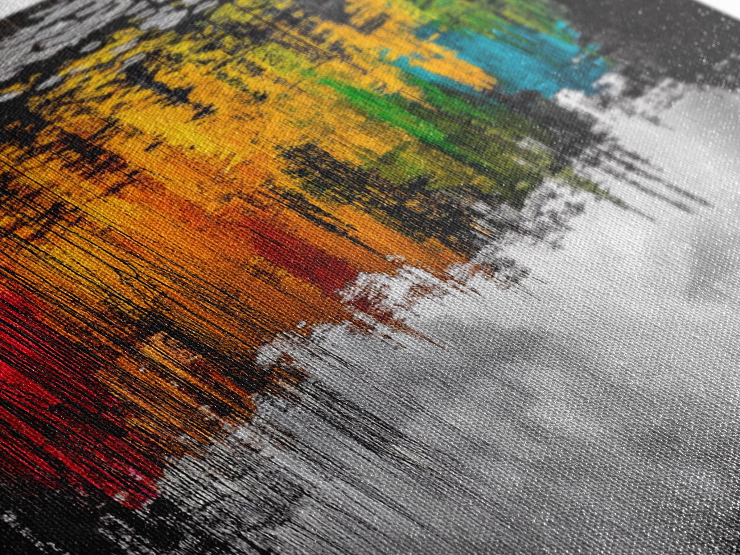 Colorful Reflection, Abstract Water Art, Nature Painting, Autumn Trees, Vibrant Colors, Black and White Contrast, Canvas Print