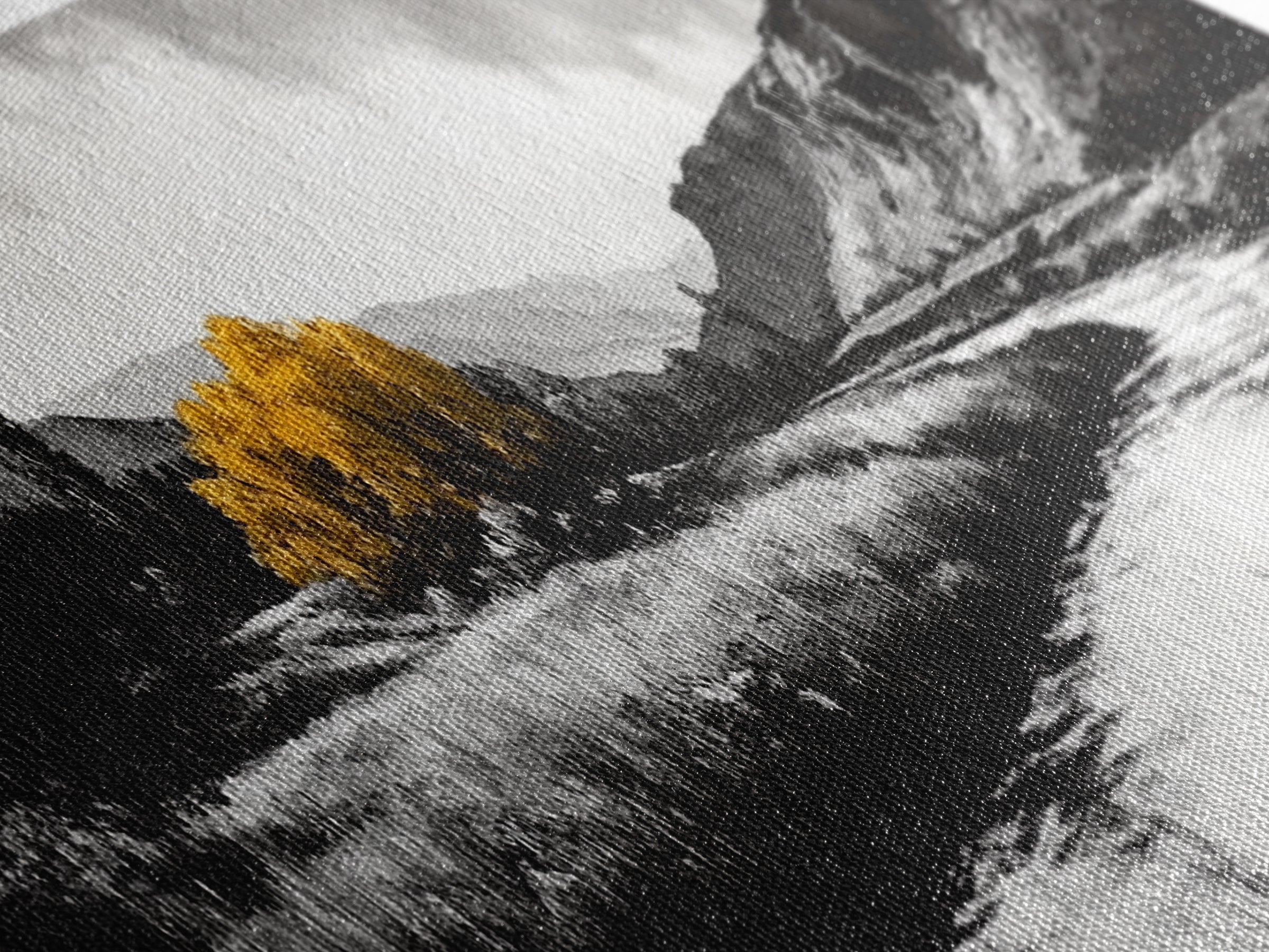 River Landscape, Rustic Nature Art, Black and White with Yellow Accent, Peaceful Scenery, Living Room Decor, Canvas Print