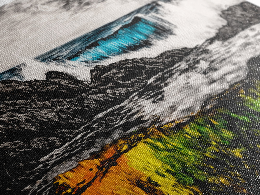 Rocky Shore, Crashing Waves, Black White Blue, Framed Canvas Print, Ocean Wave Painting, Surf Art, Minimalist Coastal Decor