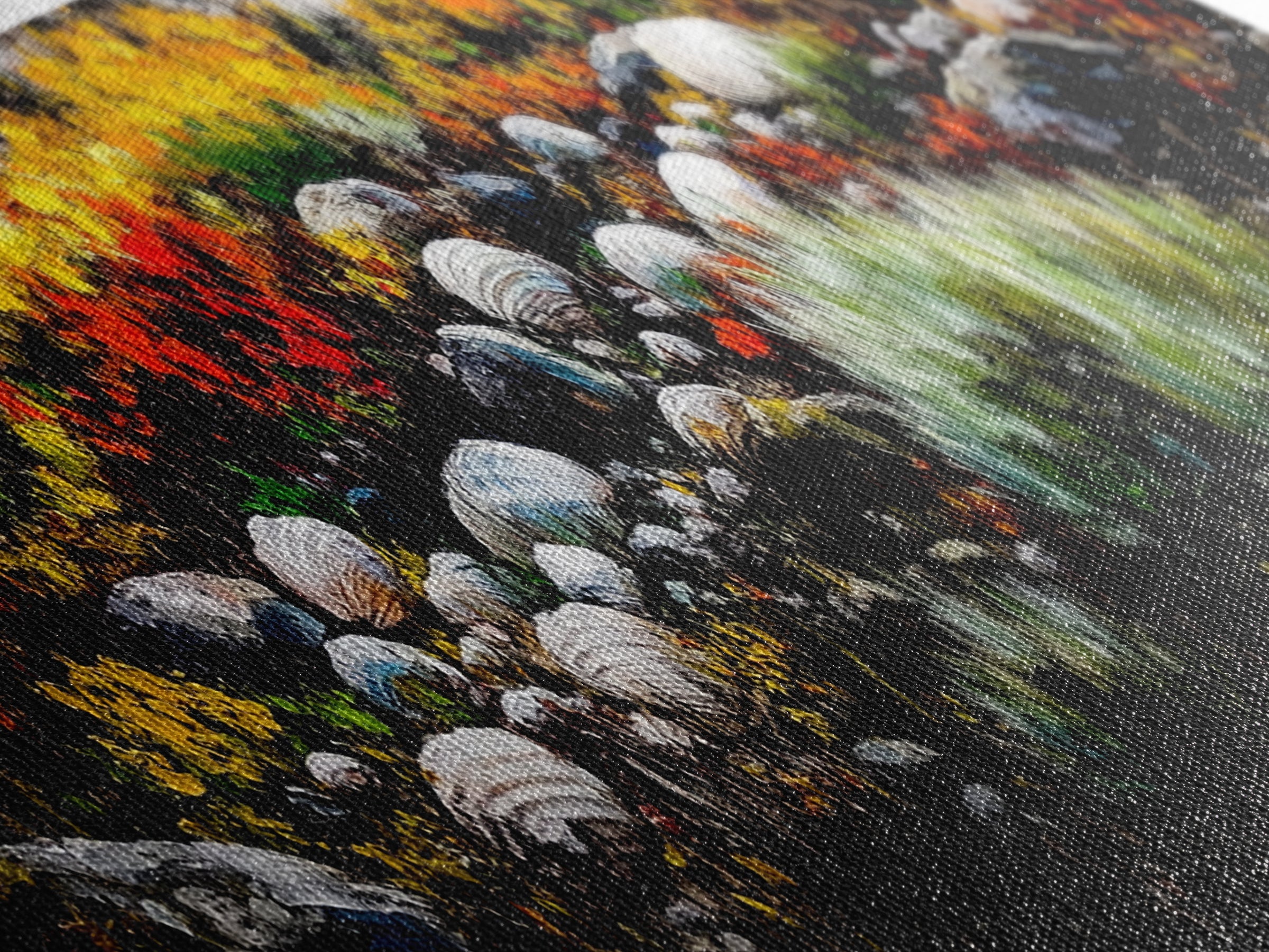 Rocky Shoreline, Wildflowers, Coastal Landscape, Framed Canvas Print, Autumn Beach Scene, Rustic Nature Painting, Entryway Wall Art