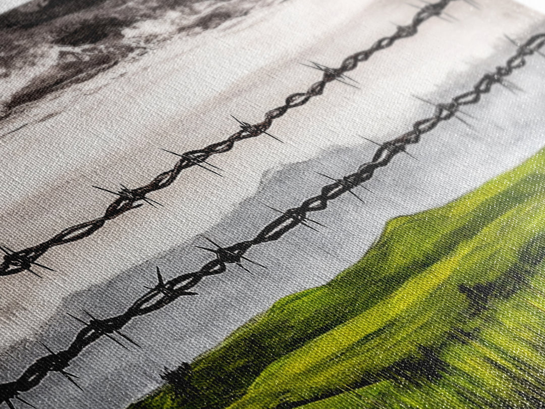 Barbed Wire Art, Rural Landscape Print, Farmhouse Wall Decor, Countryside Canvas Print, Rustic Living Room Art, Framed Canvas Print