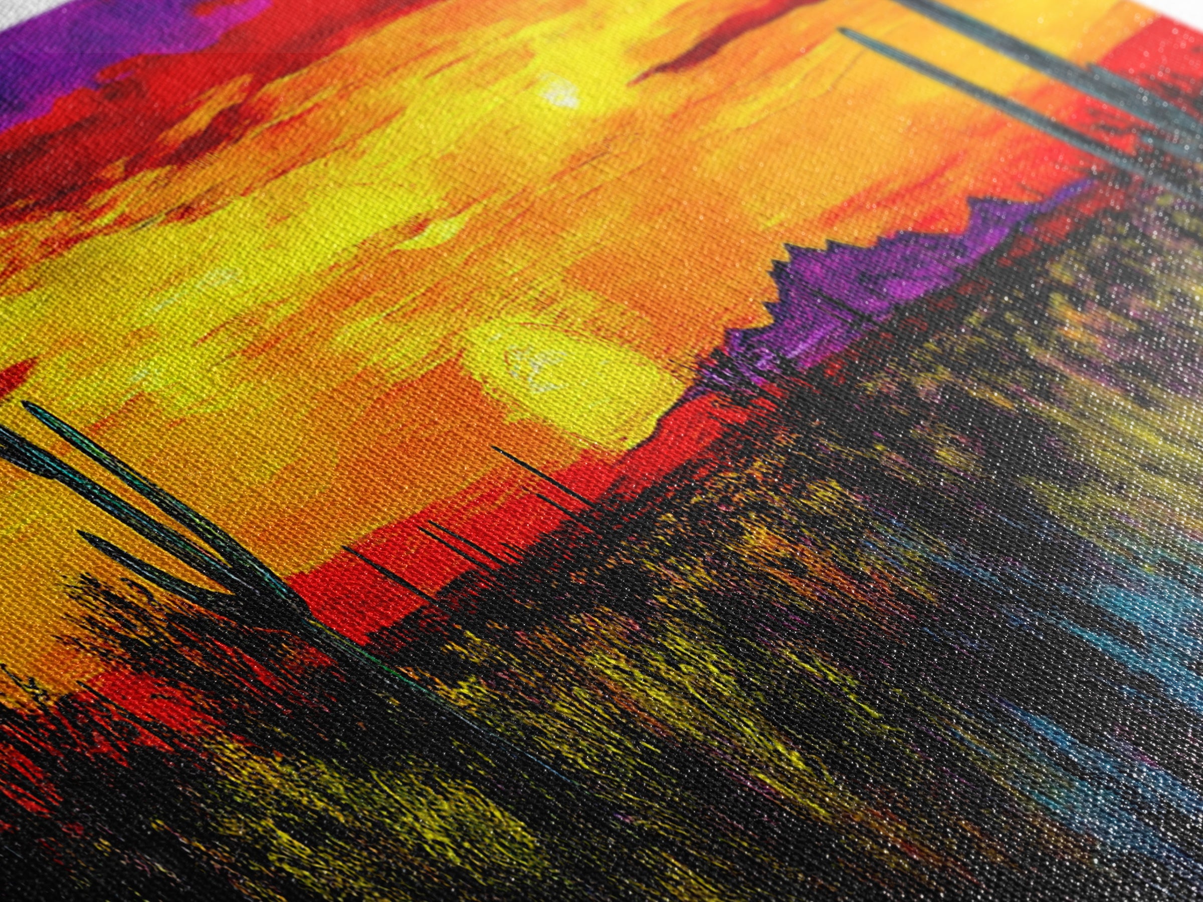 Desert Sunset Art, Vibrant Cactus Painting, Warm Boho Landscape, Southwestern Wall Decor, Bold Nature Print, Framed Canvas Print