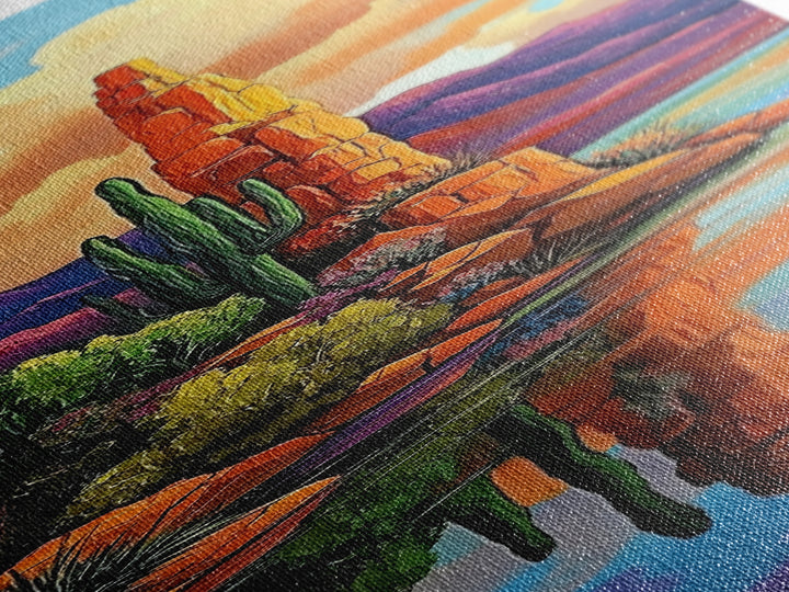 Desert Cactus, Reflection Art, Framed Canvas Print, bold southwest landscape, cacti and red rock lake scene, rustic style living room wall art