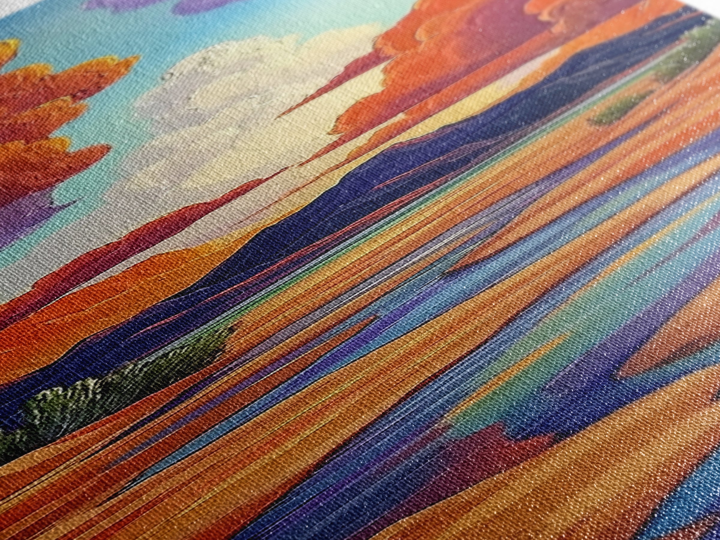 Desert River, Sky Painting, Framed Canvas Print, warm southwestern stream view landscape, bold clouds, boho decor, office wall art