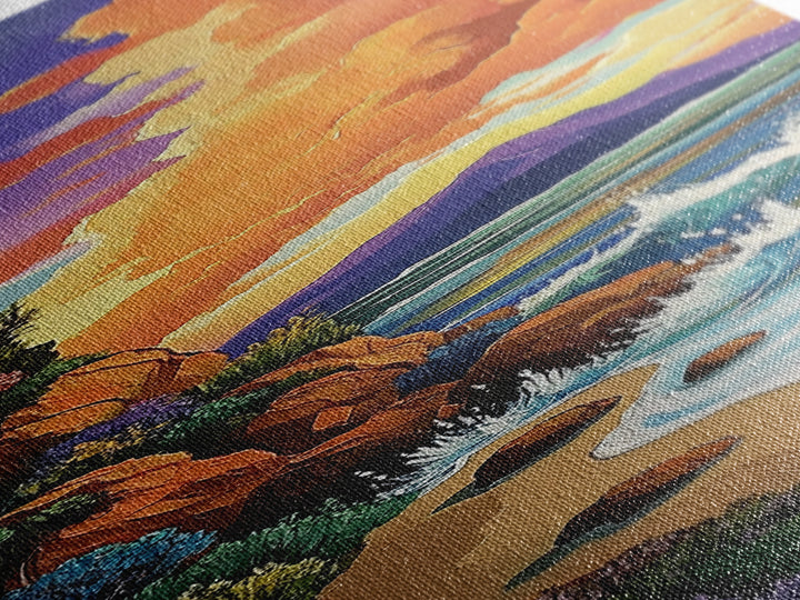 Beach Cliffs, Sunset Painting, Framed Canvas Print coastal cliffside view with crashing waves vibrant beach wall art tropical living room décor