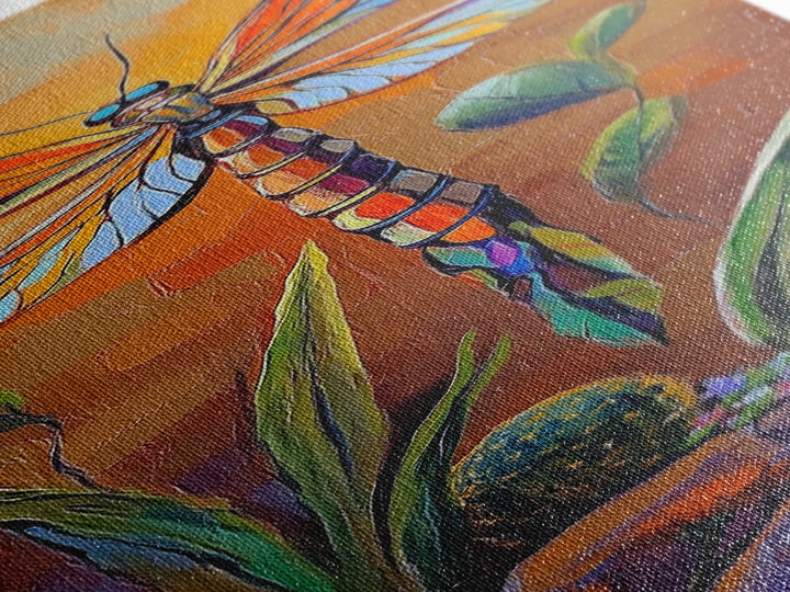 Dragonfly Wings, Garden Sunset, Whimsical insect decor Canvas Print, vibrant boho nature wall art, entryway statement piece
