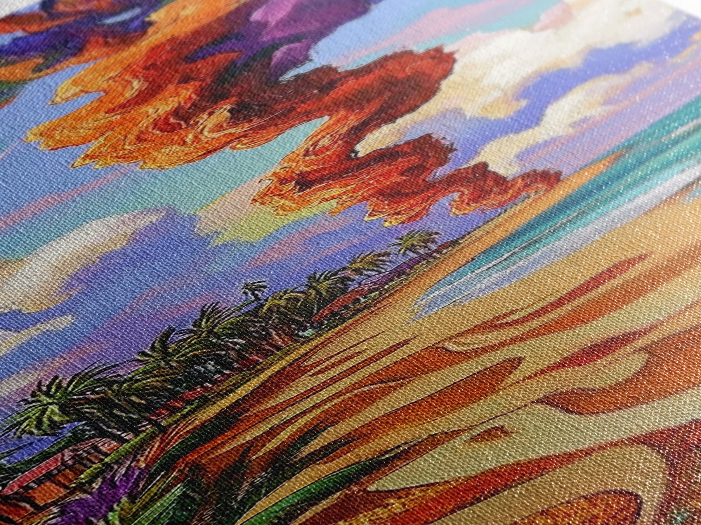 Coastal Smoke Vibes Art, Framed Canvas Print vibrant beach painting with purple and orange smoke, tropical sunset art, boho home decor