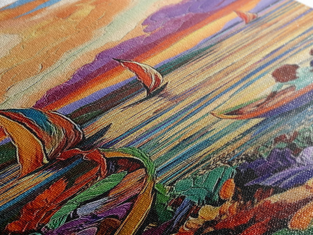 Boats Sunset, Romance Adventure, Canvas Print vibrant sailboats at sunset painting, romantic couple art, nautical wall decor, boho accent