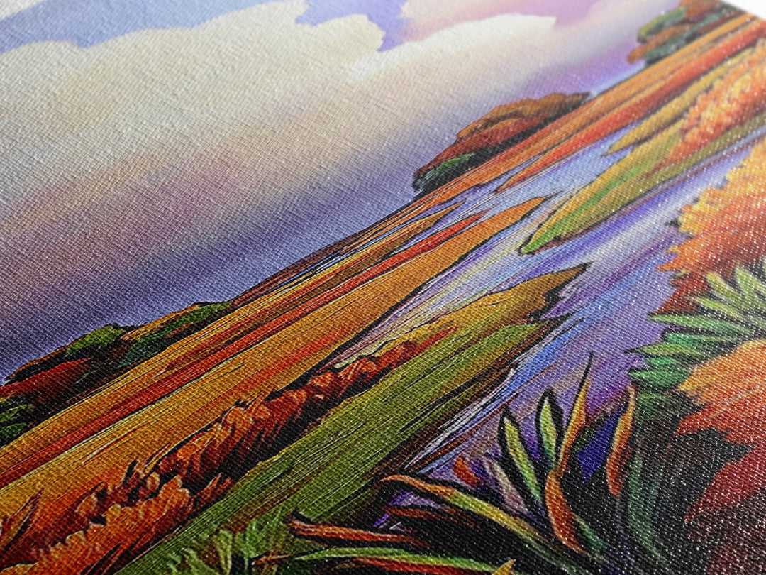 Autumn Marsh, Winding Stream, Colorful Landscape, Framed Canvas Print, fall wall decor, nature inspired art, rustic home or cabin decor