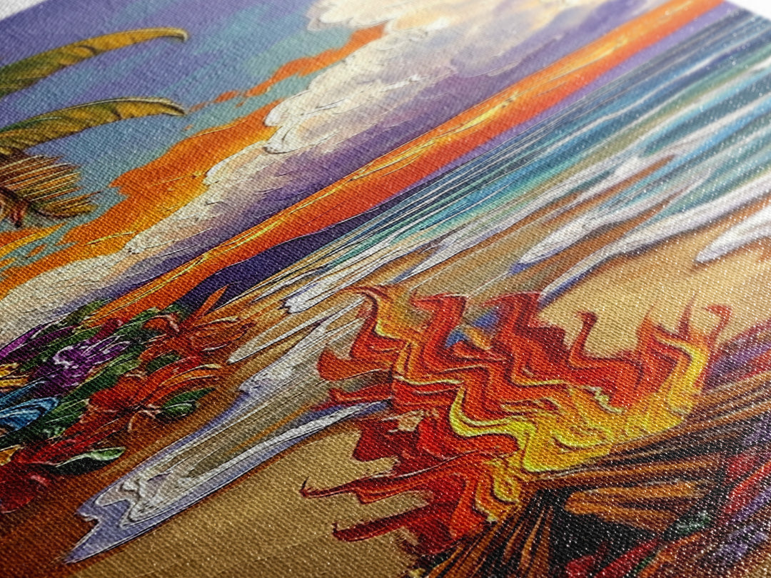 Beach Bonfire, Tropical Sunset, Palm Trees, Framed Canvas Print, coastal beach wall art, summer living room or patio decor, boho ocean vibe