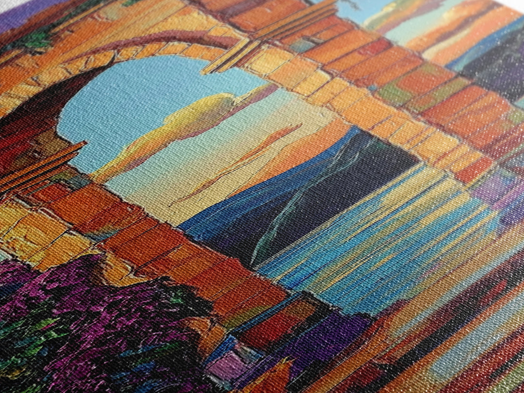 Archway, Sunset, Stone Portal, Dreamscape Framed Canvas Print, Mediterranean Wall Art, Spiritual Decor, Eclectic Entryway Accent, Sunset Painting