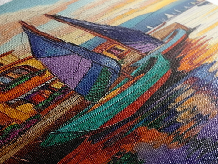 Boats, Harbor, Coastal Village, Mediterranean Scene Framed Canvas Print, Nautical Wall Decor, Vibrant Harbor Painting, Dining Room Accent Art