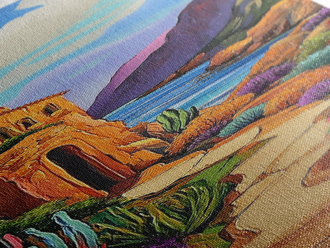 Desert, Path, Cactus, Vibes - Framed Canvas Print, Southwest Landscape Wall Art, Living Room Colorful Boho Art, Mediterranean Path Painting