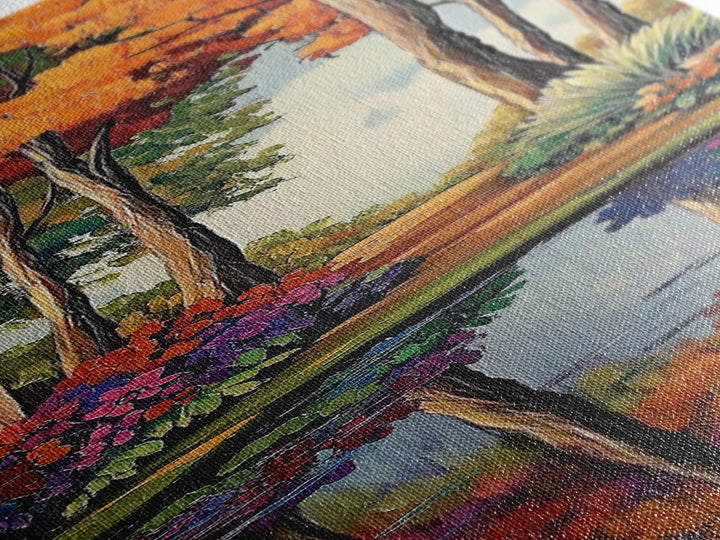 Autumn, Trees, Reflection, Forest - Framed Canvas Print, Fall Foliage Wall Art, Nature Scene Living Room Decor, Warm Seasonal Forest Painting