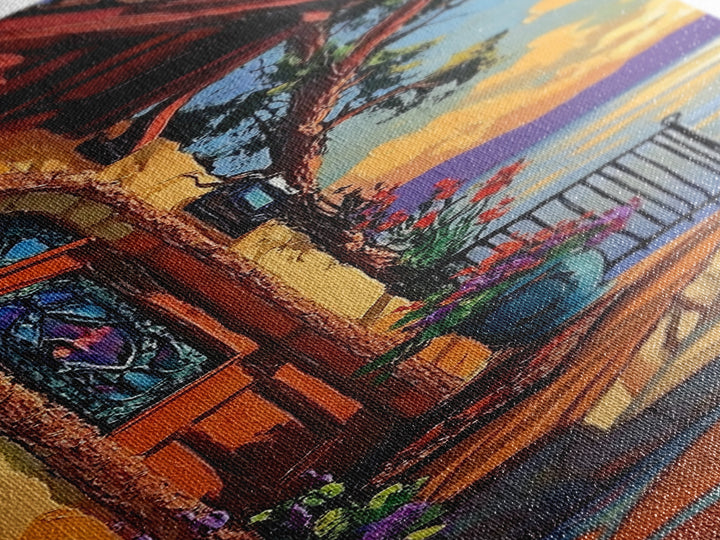 Doorway, Ocean, Mediterranean, Flowers, Framed Canvas Print, Mediterranean doorway wall art, ocean view canvas print, flower entryway painting