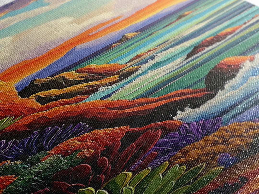 Coastal, Sunset, Seascape, Vibes, Framed Canvas Print of ocean cliffs and crashing waves, modern coastal wall art, beach house decor