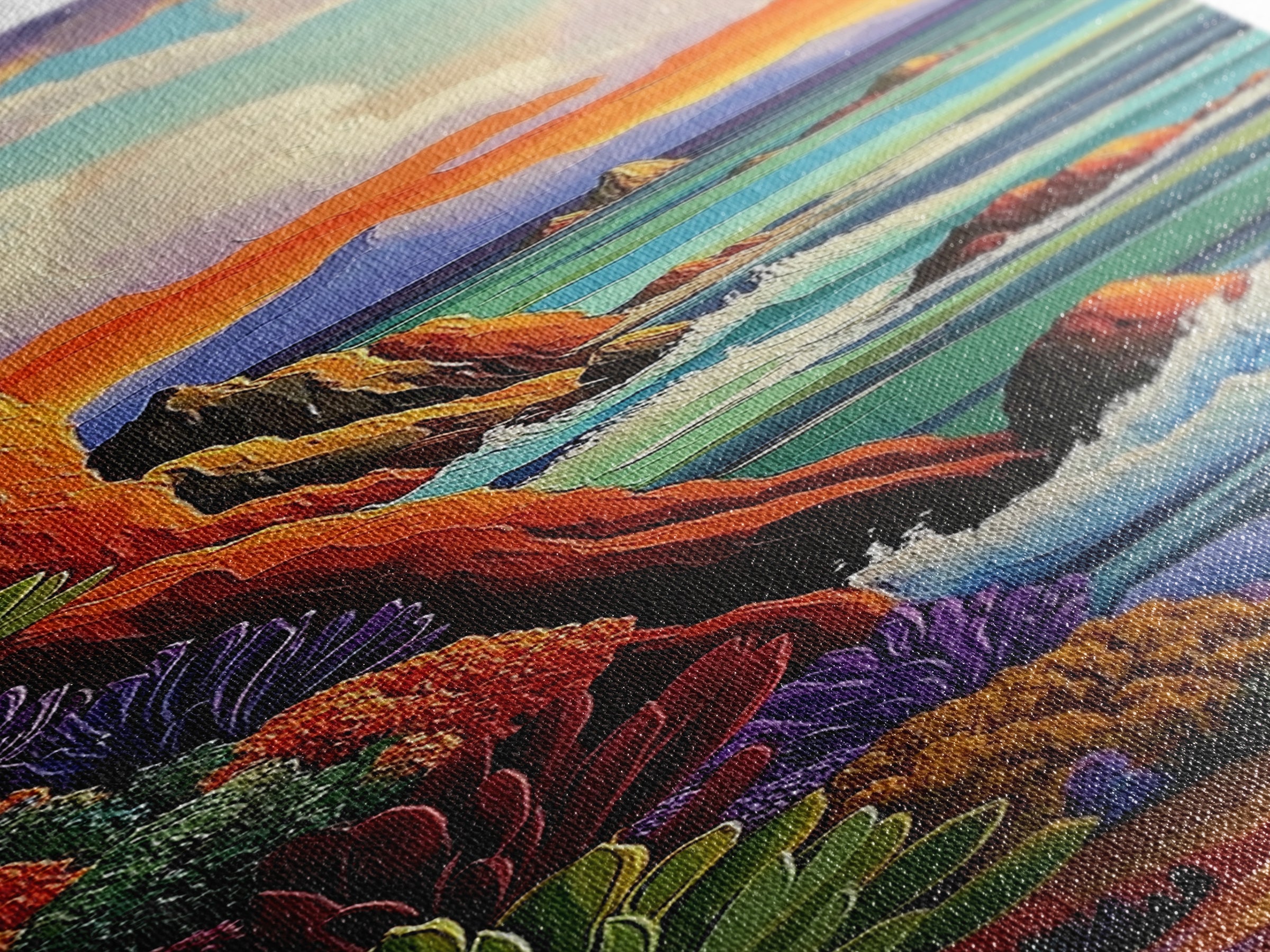 Coastal, Sunset, Seascape, Vibes, Framed Canvas Print of ocean cliffs and crashing waves, modern coastal wall art, beach house decor