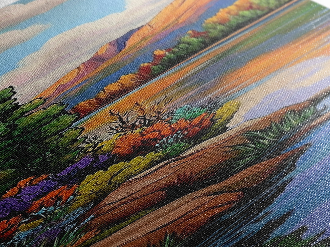 Autumn, Pines, Lake, Serenity, Framed Canvas Print with fall forest reflection, rustic cabin decor, cozy living room art, woodland scene