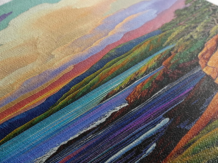 Coastal, Sunset, Cliffs, Horizon, Framed Canvas Print, Bold ocean view in painterly style, perfect Living Room Wall Art or Nature Inspired Decor