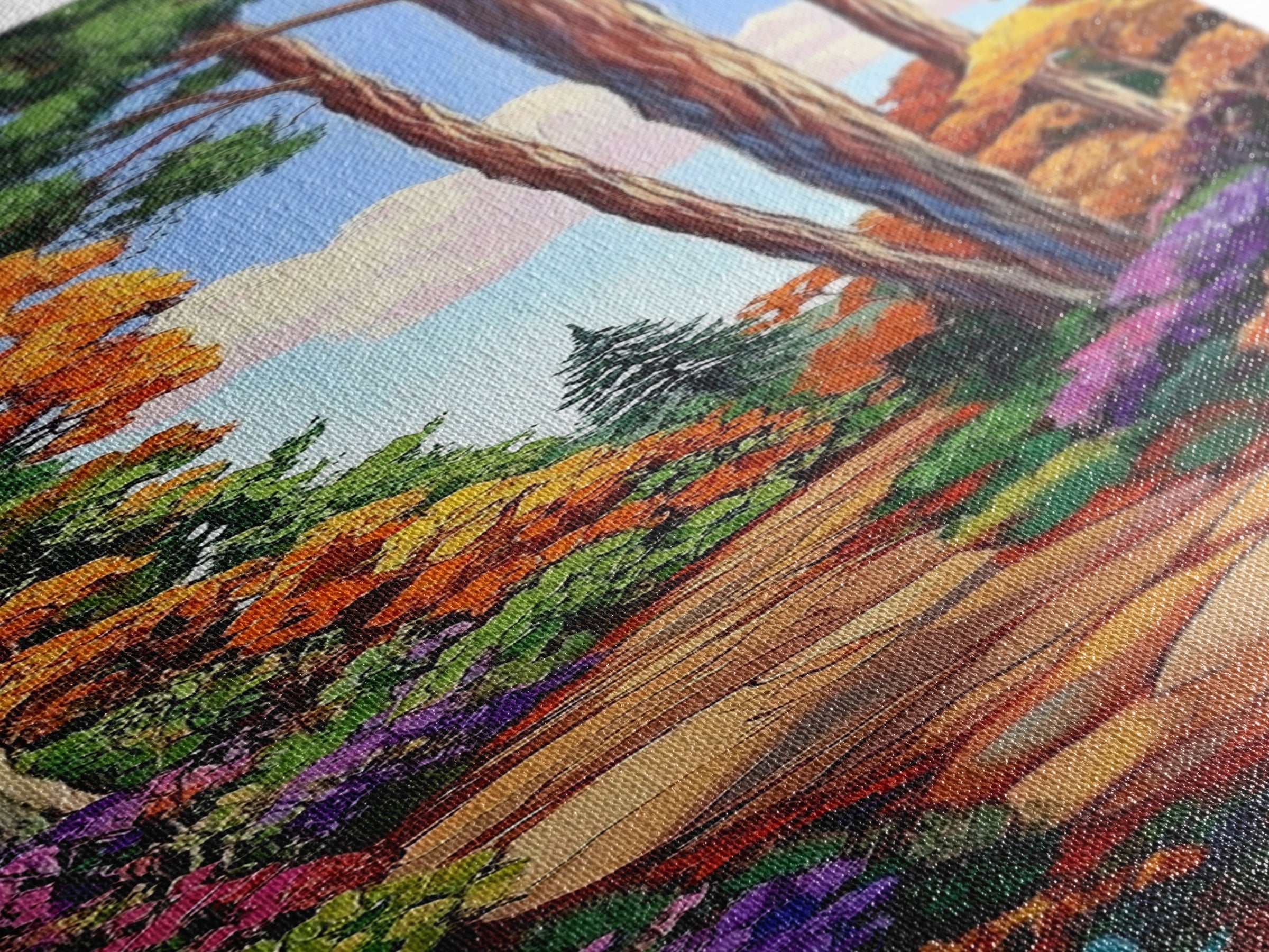 Autumn, Pathway, Forest, Trees, Framed Canvas Print, Fall foliage art in impressionist style, perfect Entryway Wall Art or Seasonal Home Decor