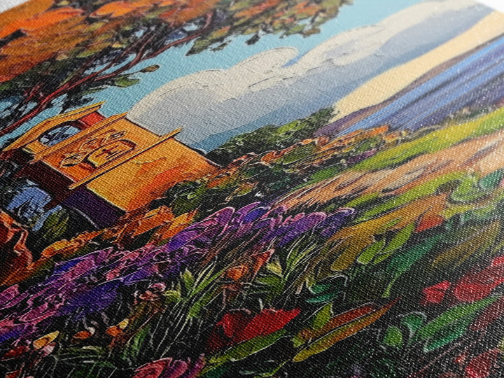 Coastal Bell Tower, Floral Pathway, Mediterranean Seaside Art, Vibrant Garden Style, Fall Home Accent, Framed Canvas Print