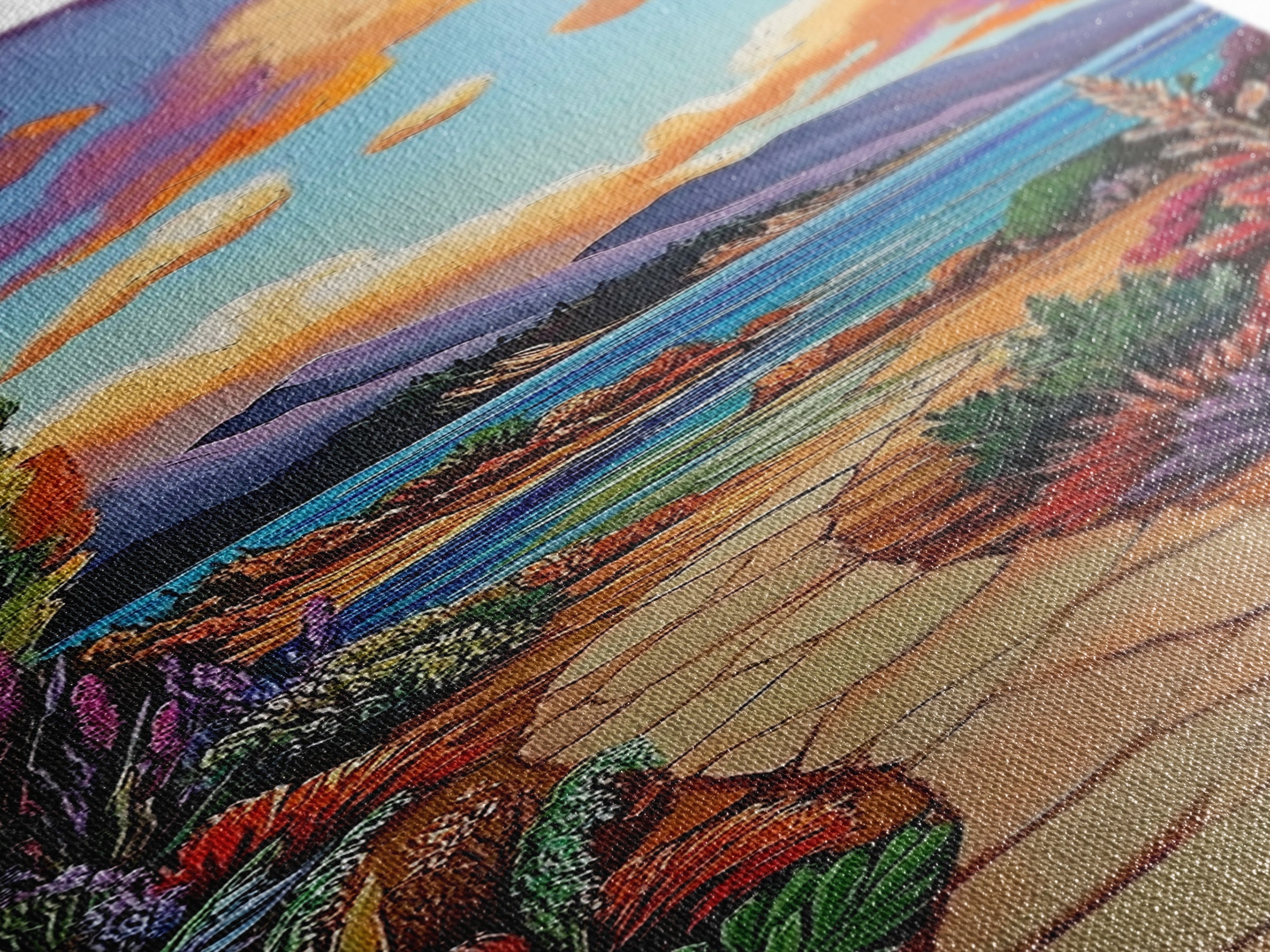 Coastal Trail, Ocean Cliffs, Vibrant Shoreline Art, Tropical Nature Decor, Scenic Summer Landscape, Framed Canvas Print