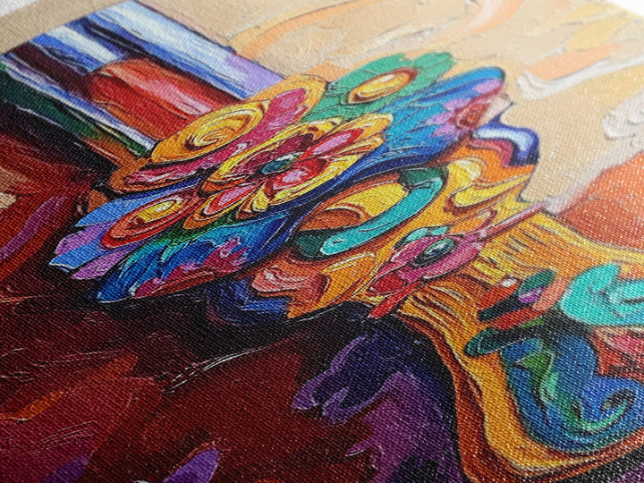 Decorative Handle, Floral Carving, Vibrant Artisan Wall Art, Baroque Boho Style, Eclectic Entryway Decor, Framed Canvas Print