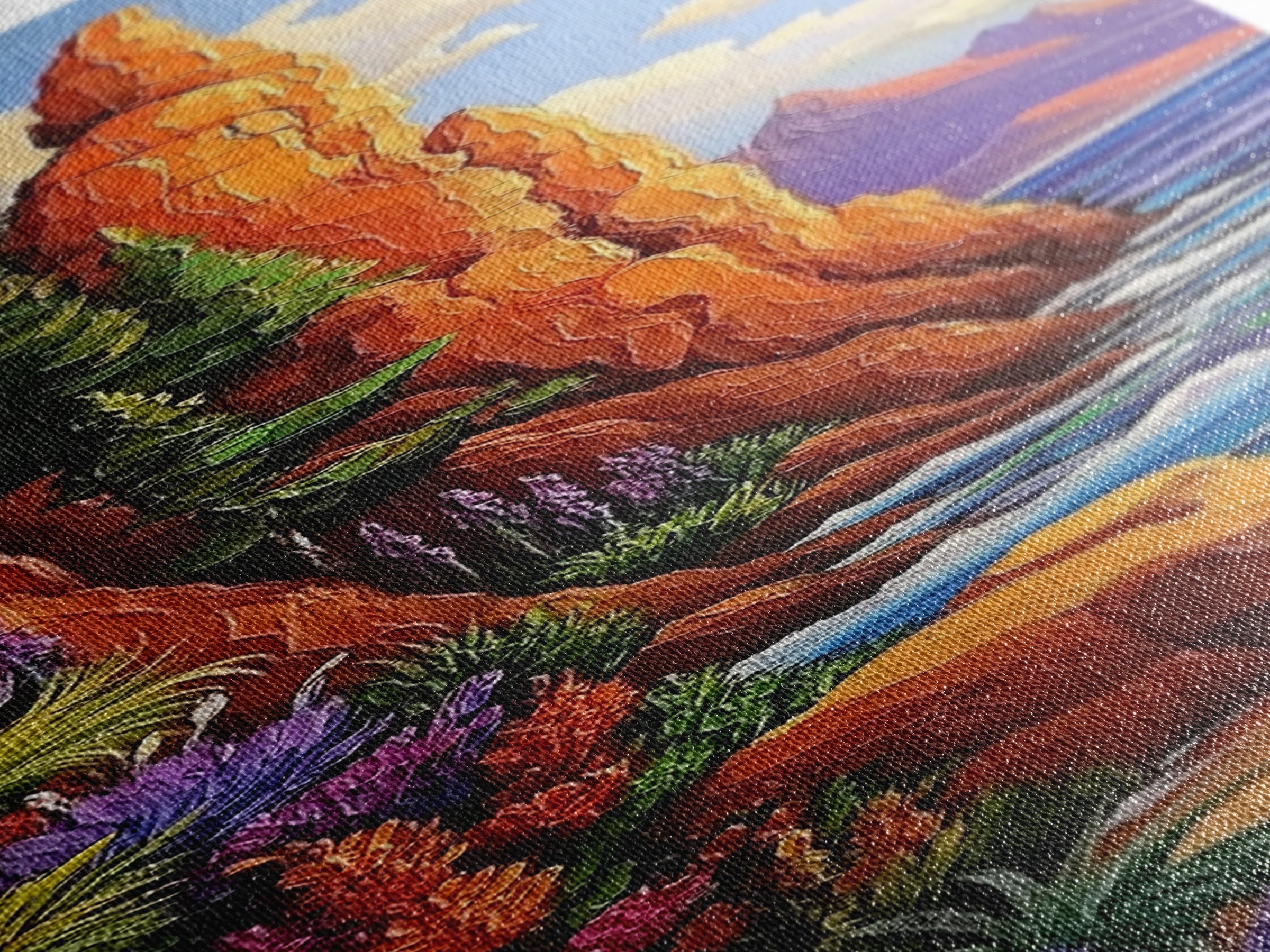 Rocky Shore, Wildflowers, Nature Trail, Framed Canvas Print, autumn coastal wall art, mountain and sea landscape, rustic home decor