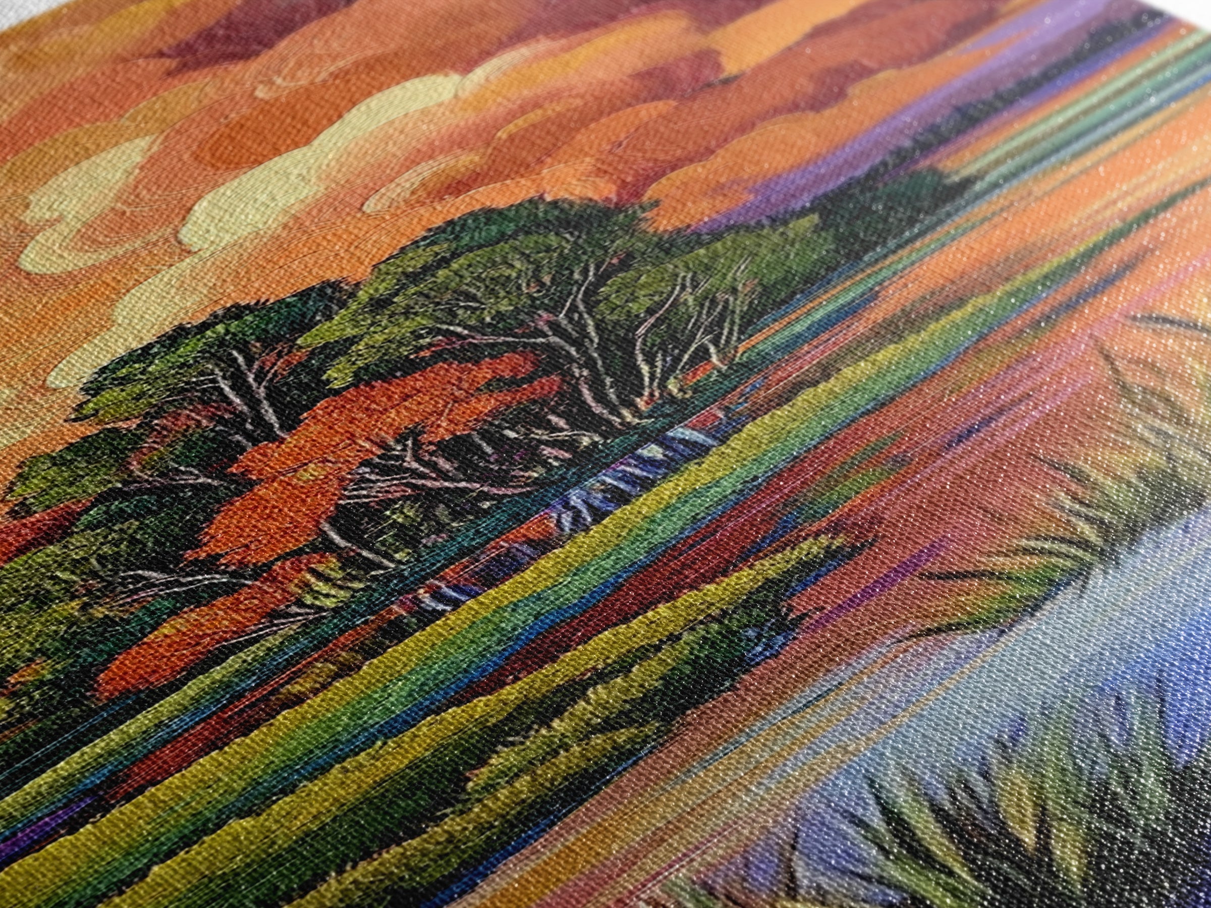 Autumn Marsh, Sunset Glow, Serene Trees, Framed Canvas Print, warm fall landscape art, peaceful country home decor, boho wall design